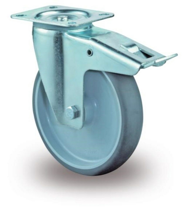 Zwenkwiel met rem 100mm rubber totale hoogte 128mm