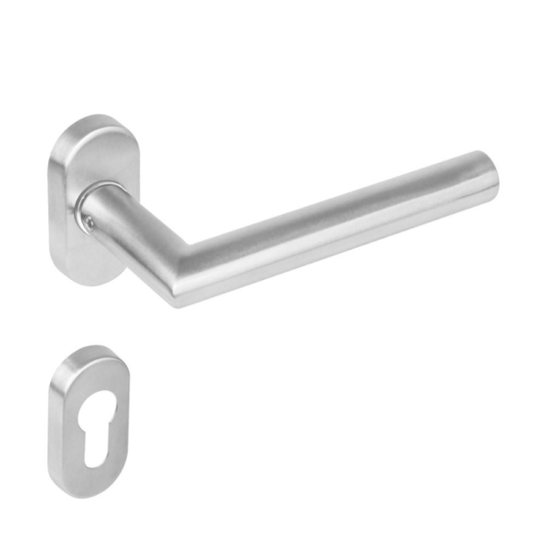 Deurkruk 1235 Hoek 90°op rozet ovaal staal dubbel geveerd met profielcilinder plaatjes RVS