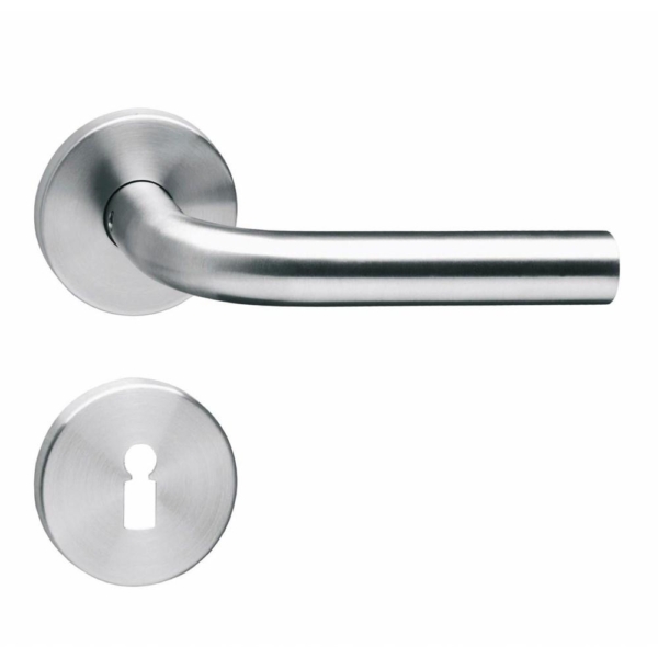 Deurkruk recht op rond rozet met sleutelgat plaatjes RVS