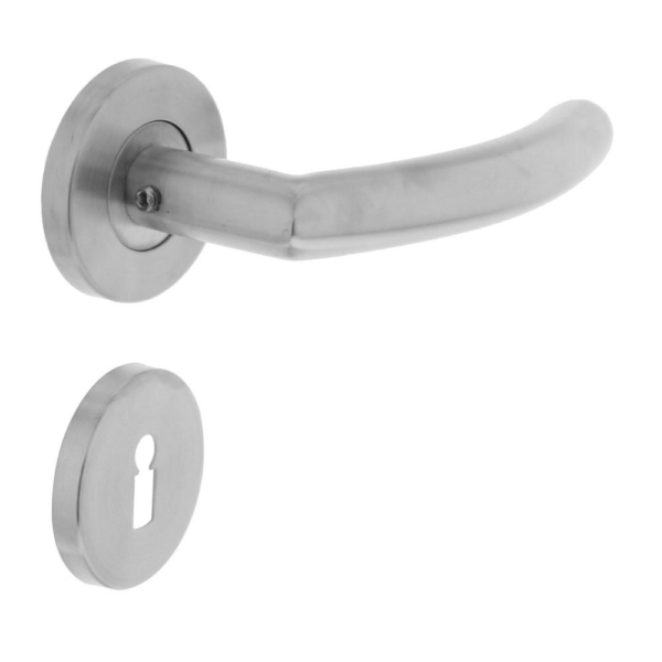 Deurkruk half rond/hoek 90°op rond rozet met sleutelgat plaatjes RVS