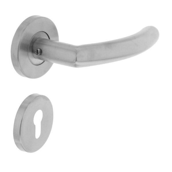 Deurkruk half rond/hoek 90°op rond rozet met profielcilindergat plaatjes RVS