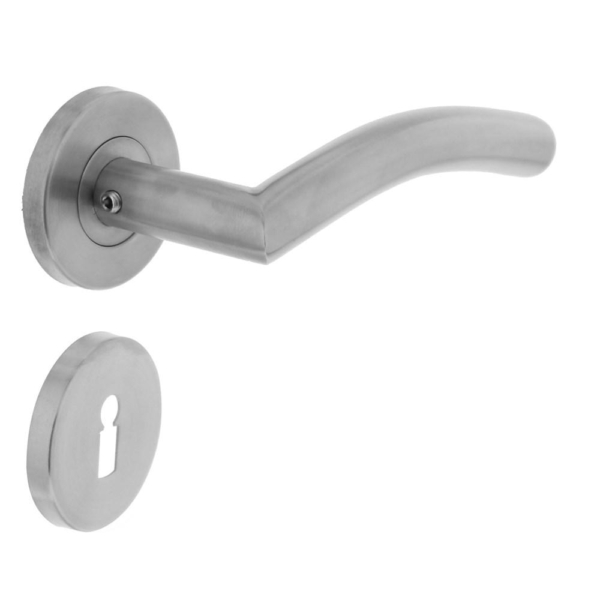 Deurkruk Lisa/hoek 90°op rozet met sleutelgat plaatjes RVS