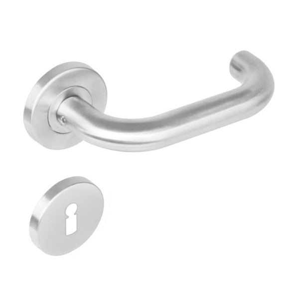 Deurkruk 1271 Rond op rond rozet staal met 7mm nok met sleutelgat plaatjes RVS