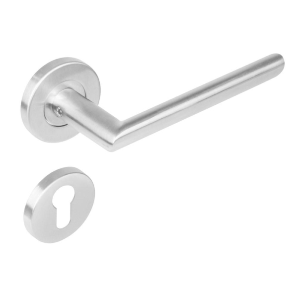 Deurkruk 1273 ovaal Hoek 90°op rond rozet staal met 7mm nok met profielcilindergat plaatjes RVS