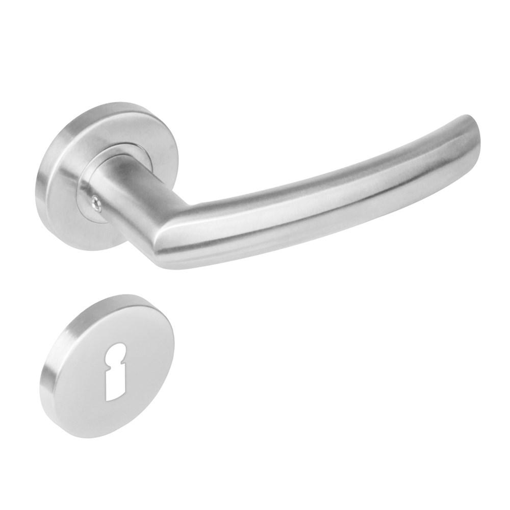 Deurkruk 1278 Blok op rond rozet staal met 7mm nok met sleutelgat plaatjes RVS