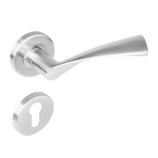 Deurkruk 1279 Vlinder op rond rozet staal met 7mm nok met profielcilindergat plaatjes RVS