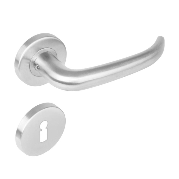 Deurkruk 1282 Sabel op rond rozet staal met 7mm nok met sleutelgat plaatjes RVS