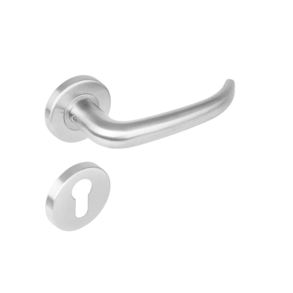 Deurkruk 1282 Sabel op rond rozet staal met 7mm nok met profielcilindergat plaatjes RVS