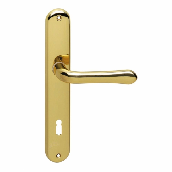 Deurkruk Saturnus op schild ovaal 236x37mm sleutelgat 110mm messing gelakt