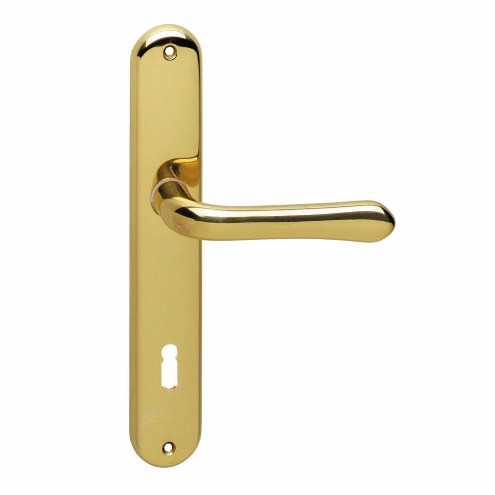 Deurkruk Saturnus op schild ovaal 236x37mm sleutelgat 110mm messing gelakt