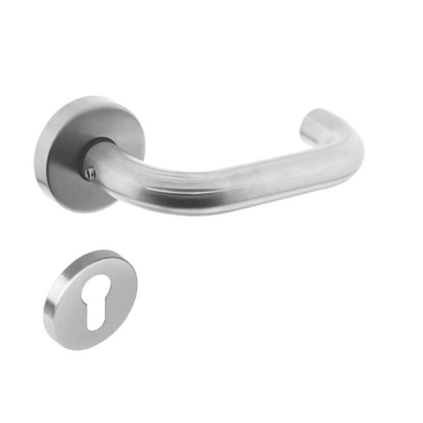 Deurkruk Rond met geveerde rozet met profielcilindergat plaatje ATP RVS