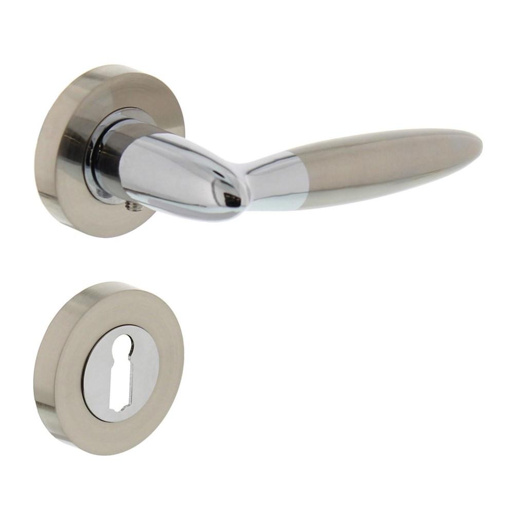 Deurkruk Elen op rond rozet 7mm nokken met sleutelgat plaatjes chroom/nikkel mat