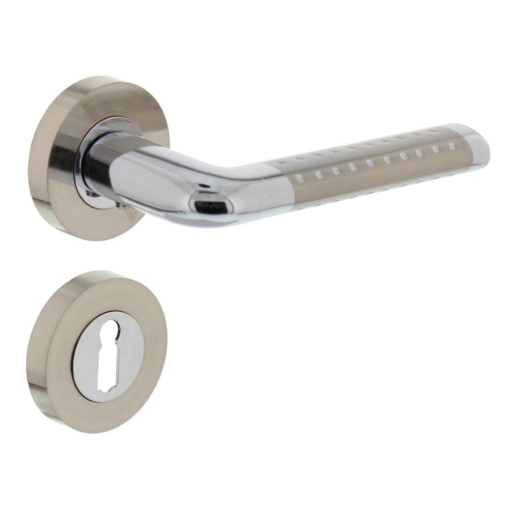 Deurkruk Marion op rond rozet 7mm nokken met sleutelgat plaatjes chroom/nikkel mat