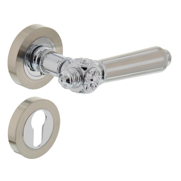Deurkruk 1716 Julietta op rond rozet 7mm nokken met profielcilindergat plaatjes chroom/nikkel mat