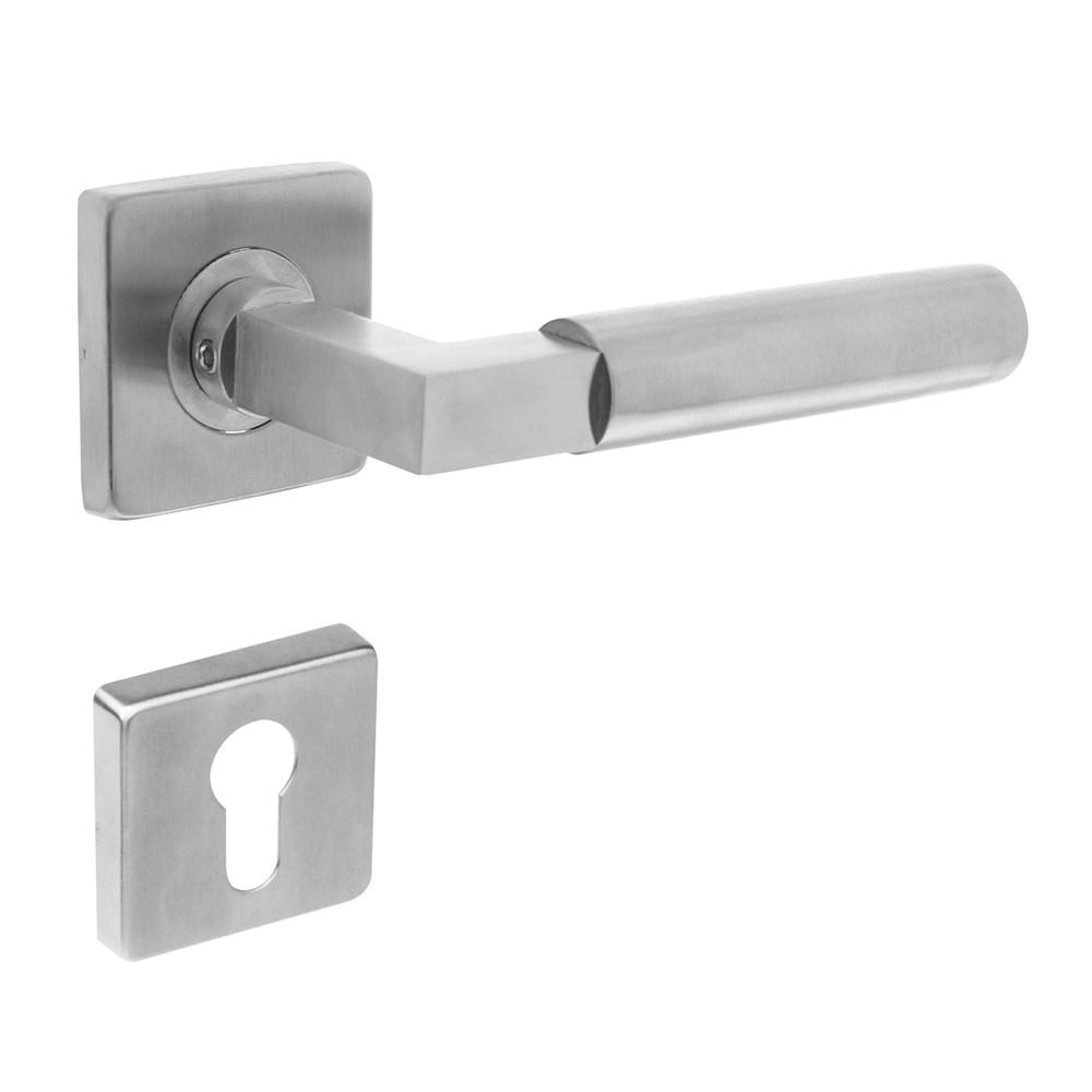 Deurkruk 0378 Bau-stil op rozet vierkant staal met 7mm nok met profielcilindergat plaatjes RVS