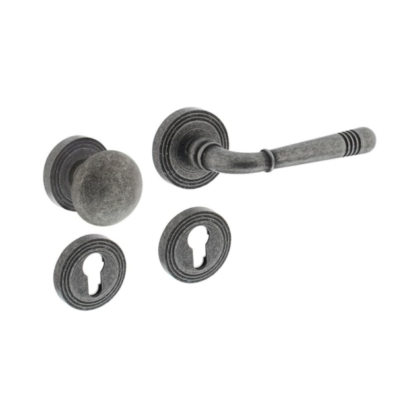 Wisselgarnituur rechts 1725 Emily op rond rozet met ril messing + PZ oud grijs