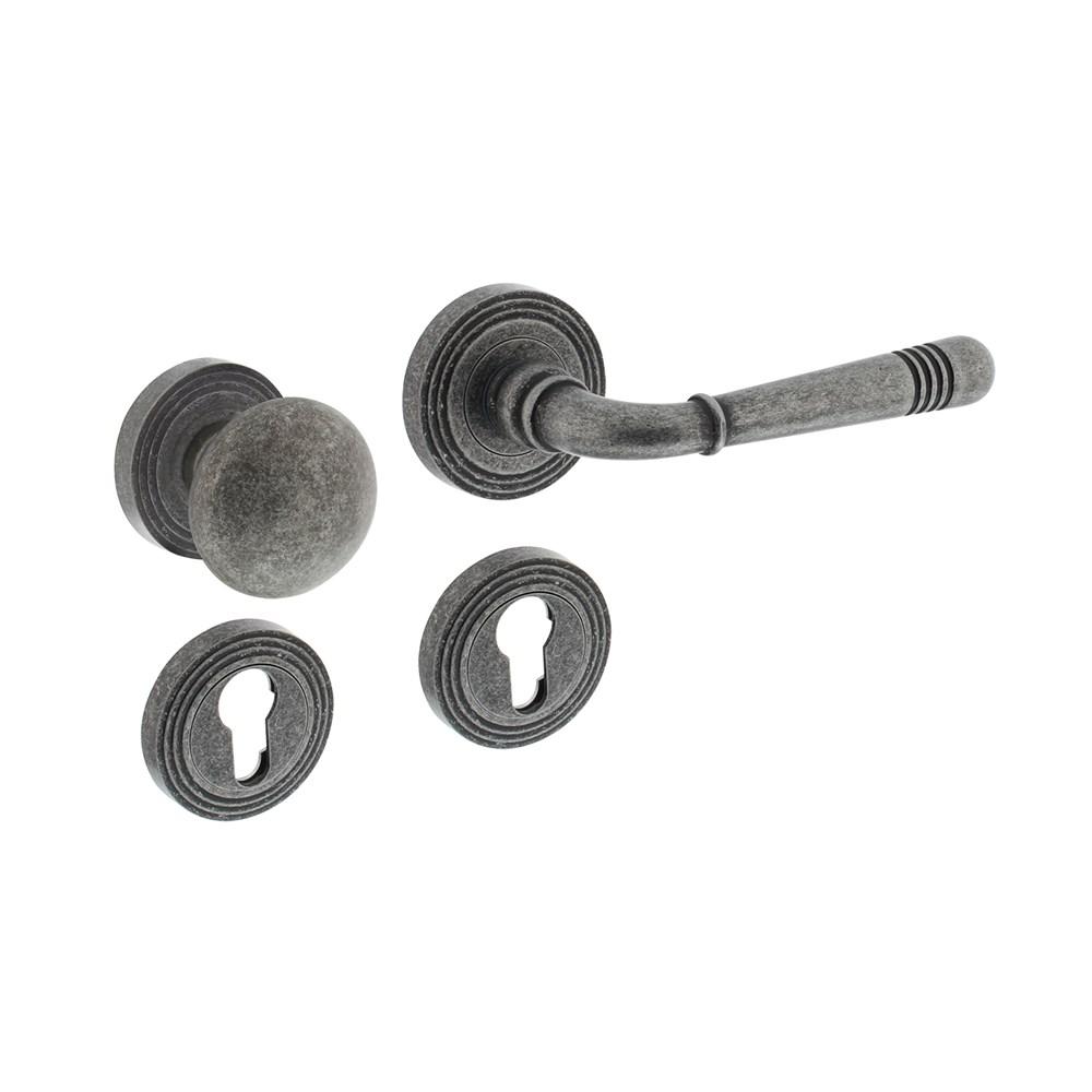 Wisselgarnituur rechts 1725 Emily op rond rozet met ril messing + PZ oud grijs