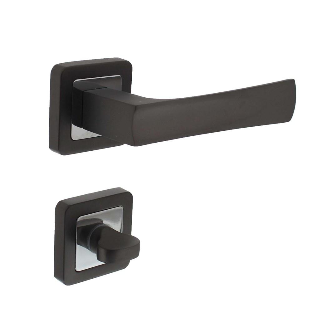 Deurkruk Candy op vierkant rozet antaciet/chroom + WC rozetten 8mm vastdraaibaar geveerd