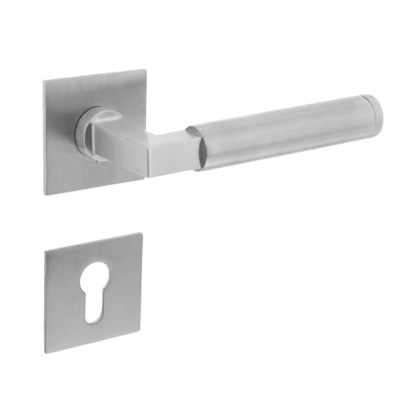 Deurkruk Baustil vastdraaibaar geveerd op vierkante magneet rozet met profielcilinderplaatjes RVS