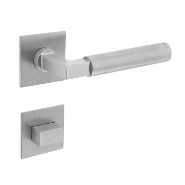 Deurkruk Baustil vastdraaibaar geveerd op vierkante magneet rozet met WC8mm RVS