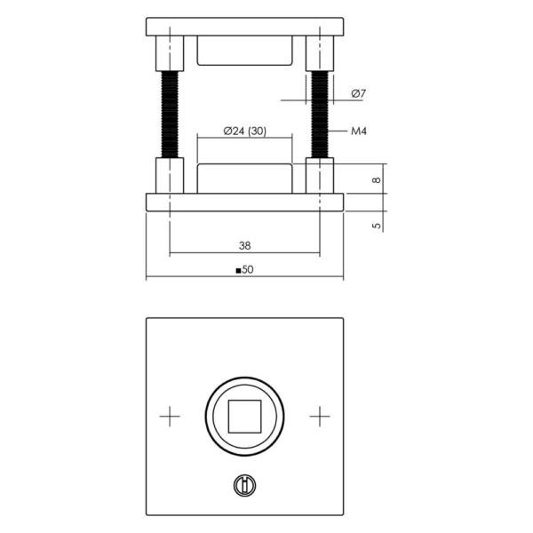 Rozetten staal verdekt vierkant 50x50x5mm met 2-weg veerconstructie rvs