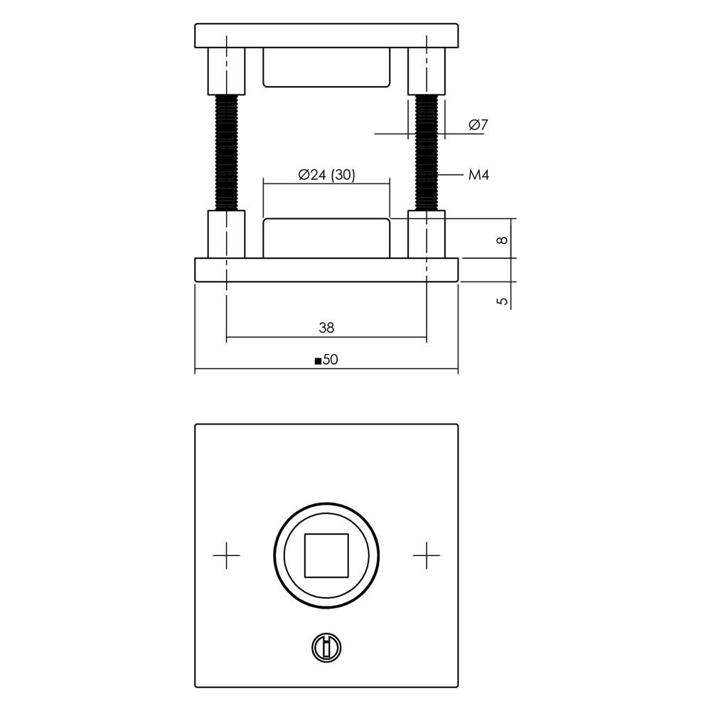 Rozetten staal verdekt vierkant 50x50x5mm met 2-weg veerconstructie rvs
