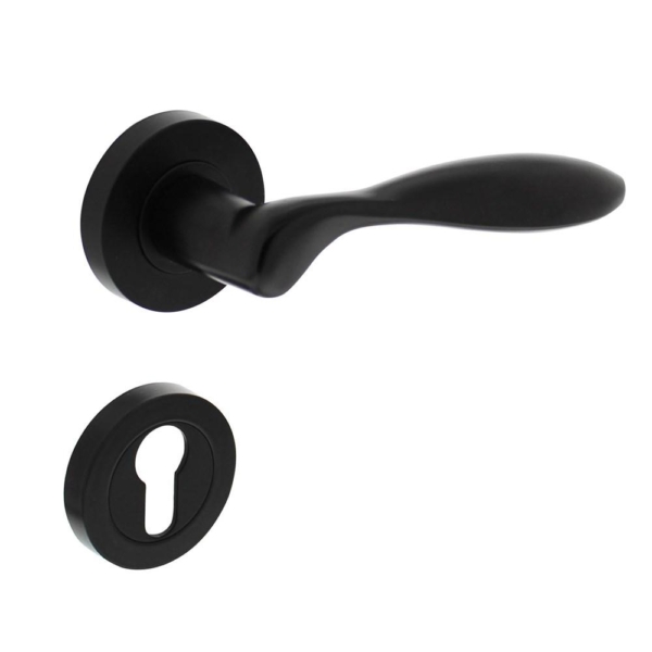 Deurkruk George op ronde rozet 52x10mm met nokken + profielcilinderplaatjes mat zwart
