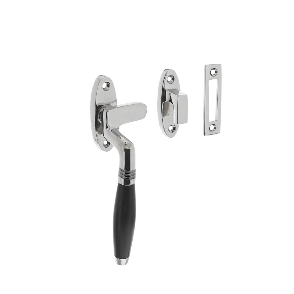 Raamsluiting Ton links met sluitplaat en sluithaak, chroom / ebbenhout