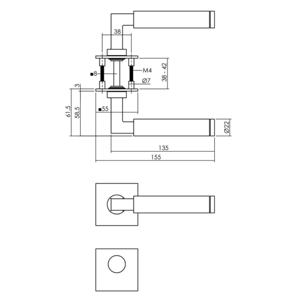 Deurkruk Hoek 90° vastdraaibaar geveerd op vierkante magneet rozet met rondcilinderplaatjes RVS