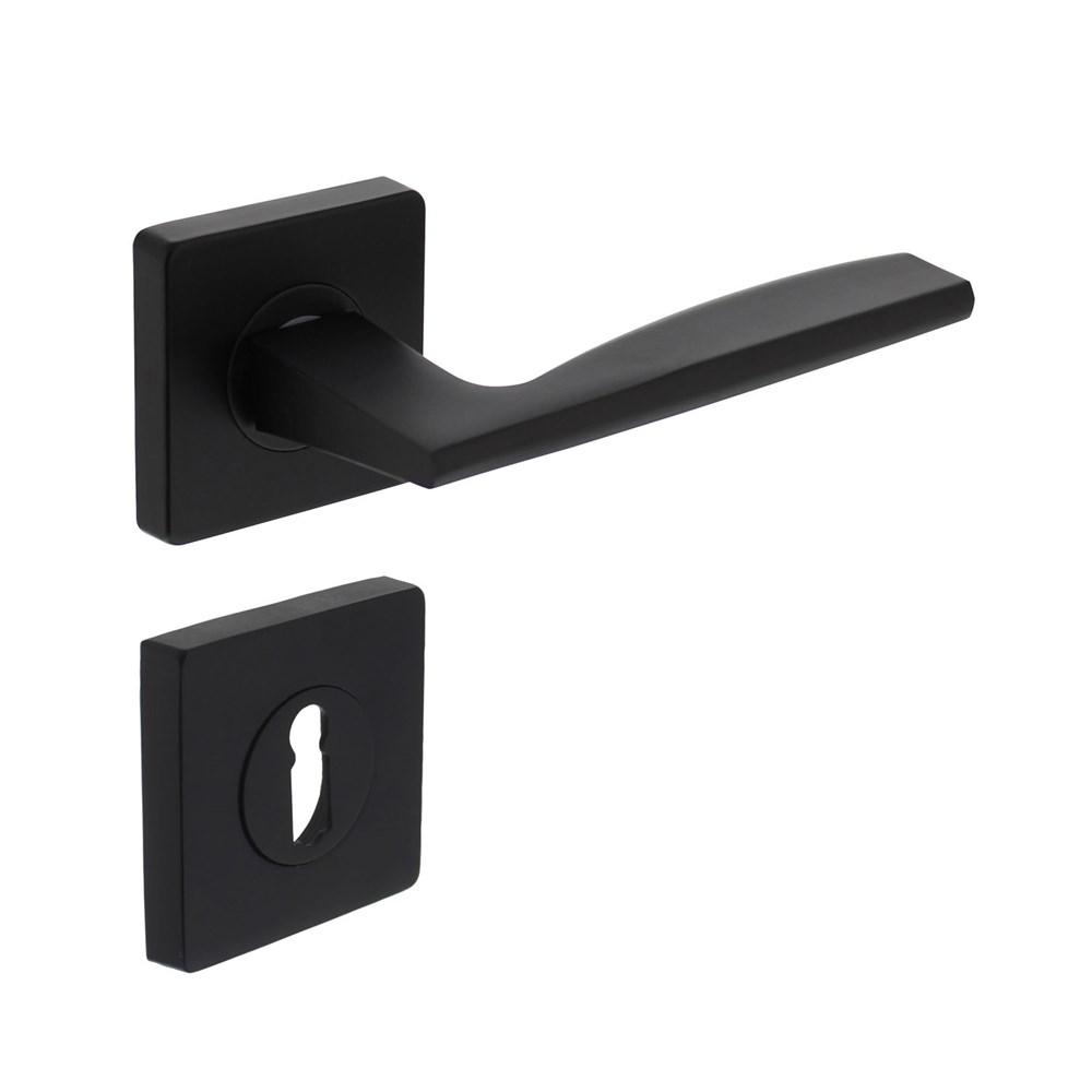 Deurkruk Apollo op vierkant rozet + nokken incl. sleutelplaatjes mat zwart