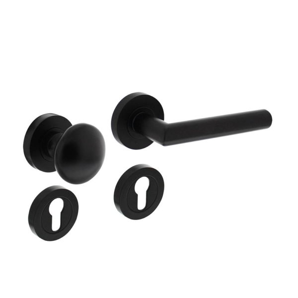 Wisselgarnituur rechts 1693 Bastian op rond rozet 7mm nokken met profielcilindergat plaatjes zwart