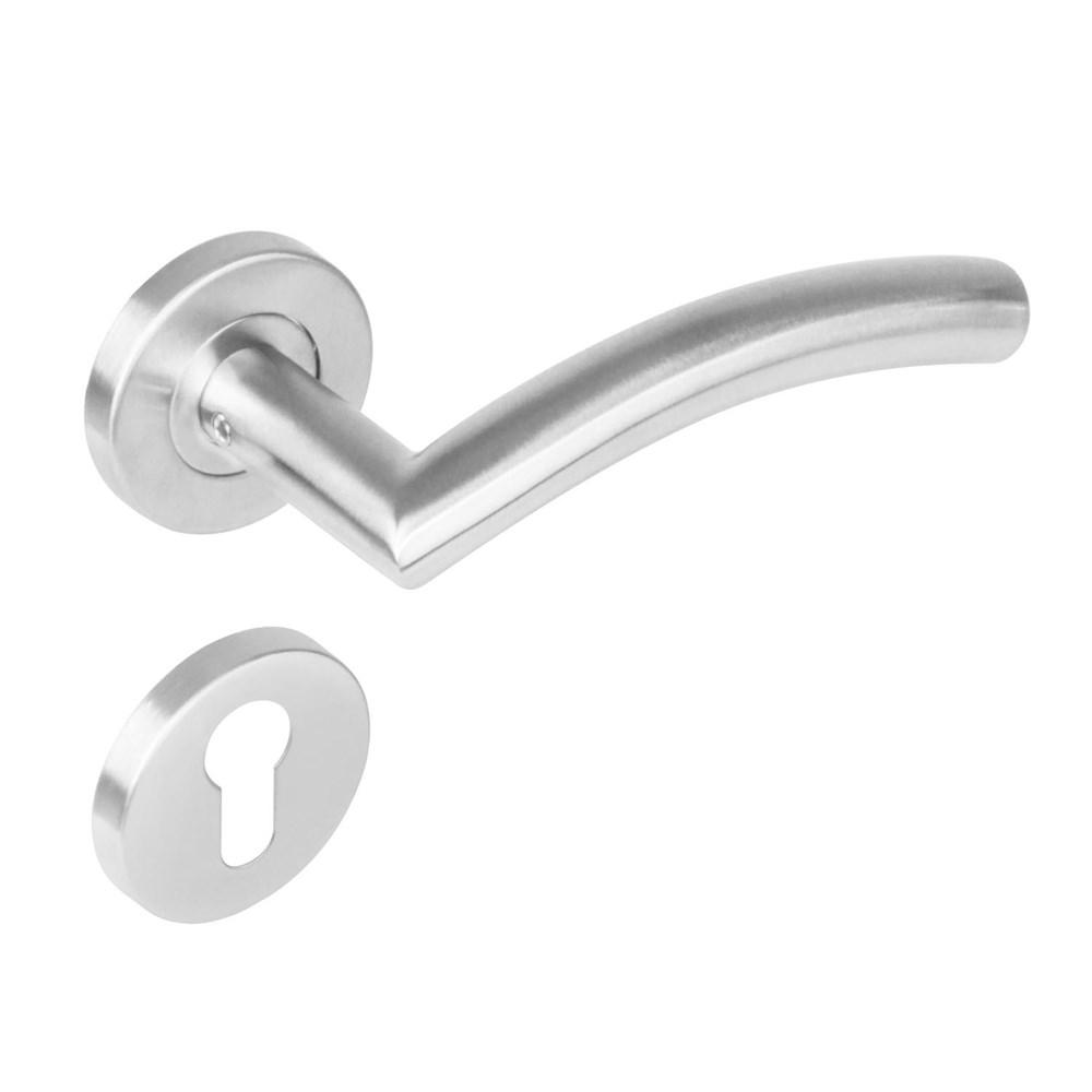 Deurkruk 1276 Lisa 90°op rond rozet staal met 7mm nok met profielcilindergat plaatjes RVS
