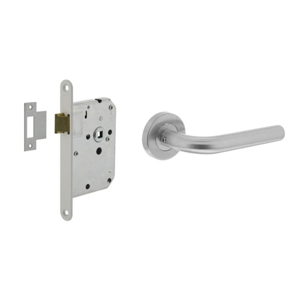 Set bestaand uit loopslot voorplaat wit met deurkrukgarnituur Recht op rozet rvs