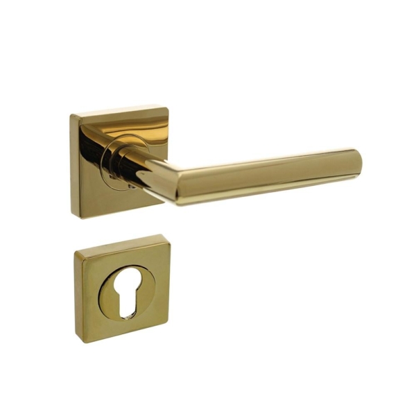 Deurkruk Bastian op vierkante rozet met nokken 55x55x10mm en profielcilindergat plaatjes PVD messing