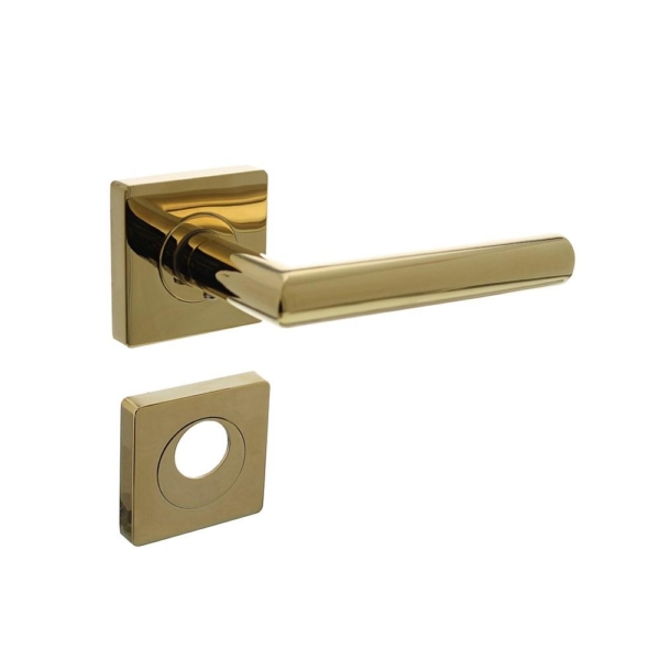 Deurkruk Bastian op vierkante rozet met nokken 55x55x10mm en rondcilindergat plaatjes PVD messingkle