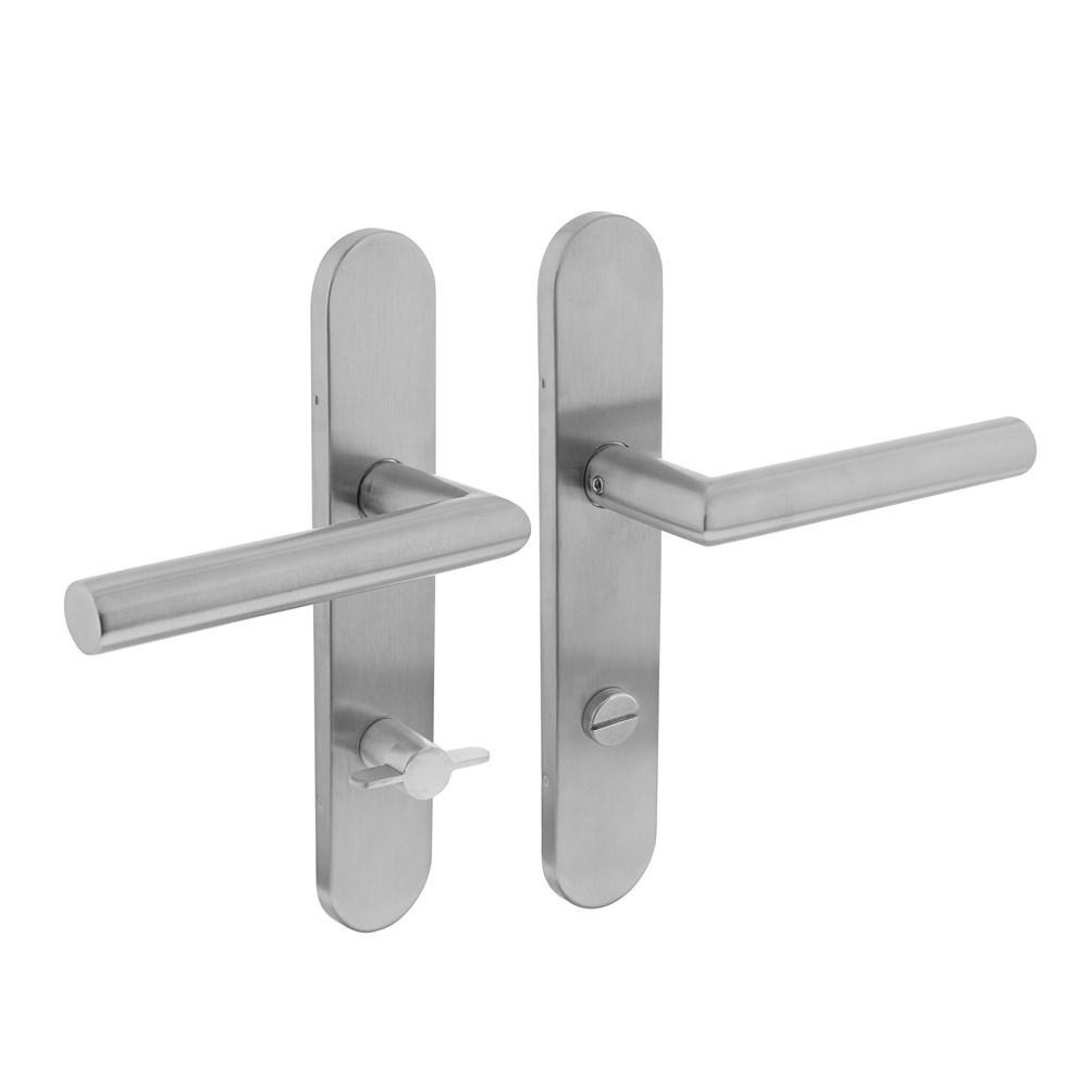 Deurkruk Jura op schild verdekt ovaal 219x40mm met nokken wc 78/8mm rvs EN1906/4