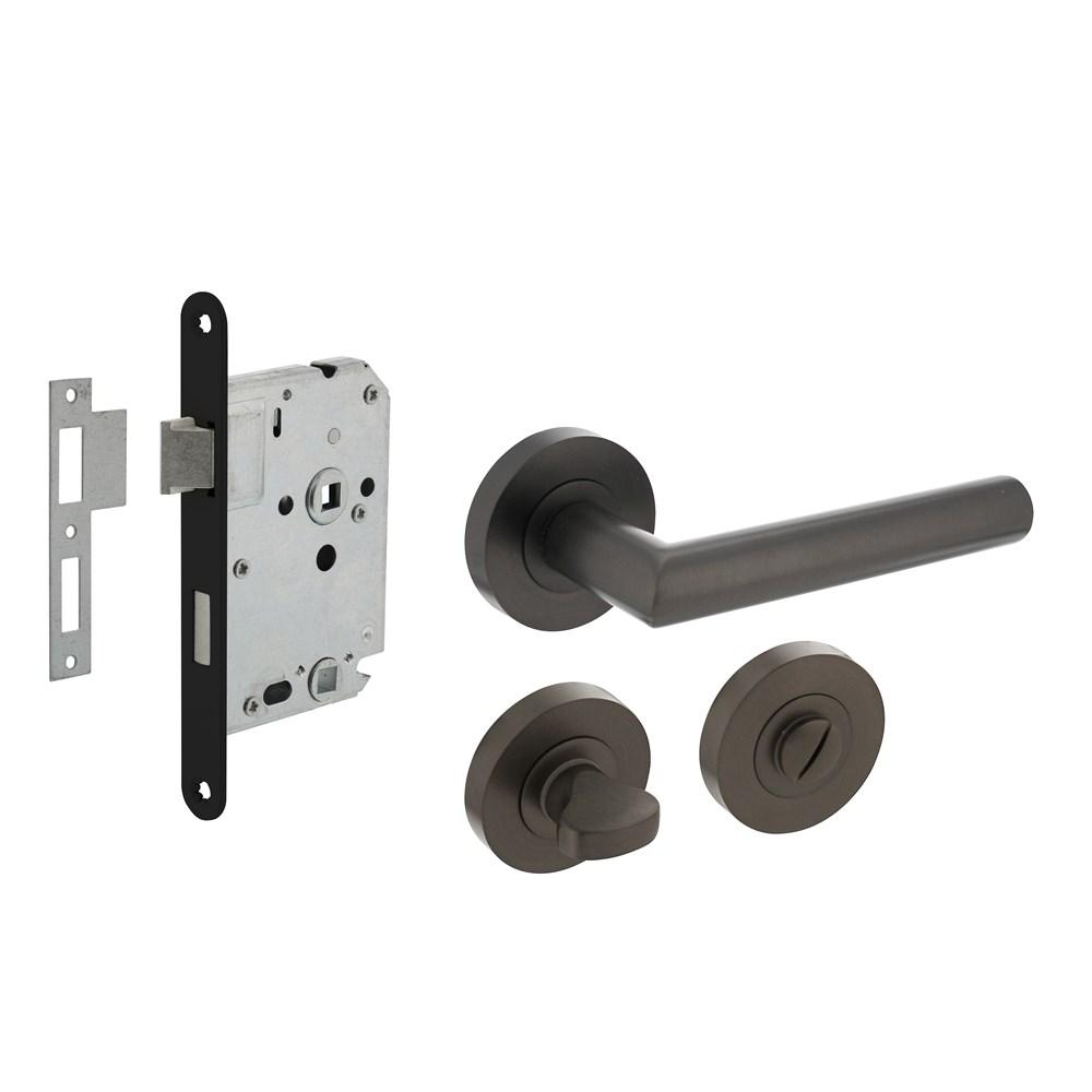Set toiletslot 63/8 zwart met deurkruk Bastian op rozet ø52x10mm en WC-sluiting antraciet grijs