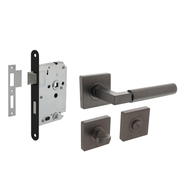 Set toiletslot 63/8mm zwart met deurkruk Baustil op rozet 55x55mm en WC-sluiting antraciet grijs