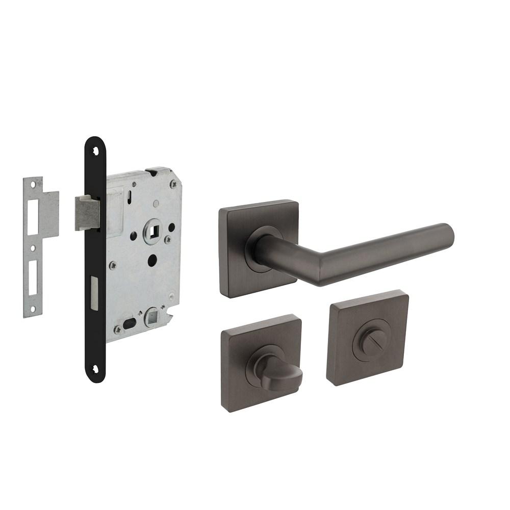 Set toiletslot 63/8mm zwart met deurkruk Bastian op rozet 55x55mm en WC-sluiting antraciet grijs