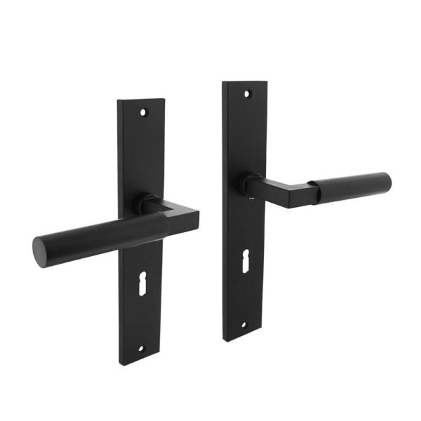 Deurkruk Baustil op schild rechthoekig 245x45mm sleutelgat 72mm zwart