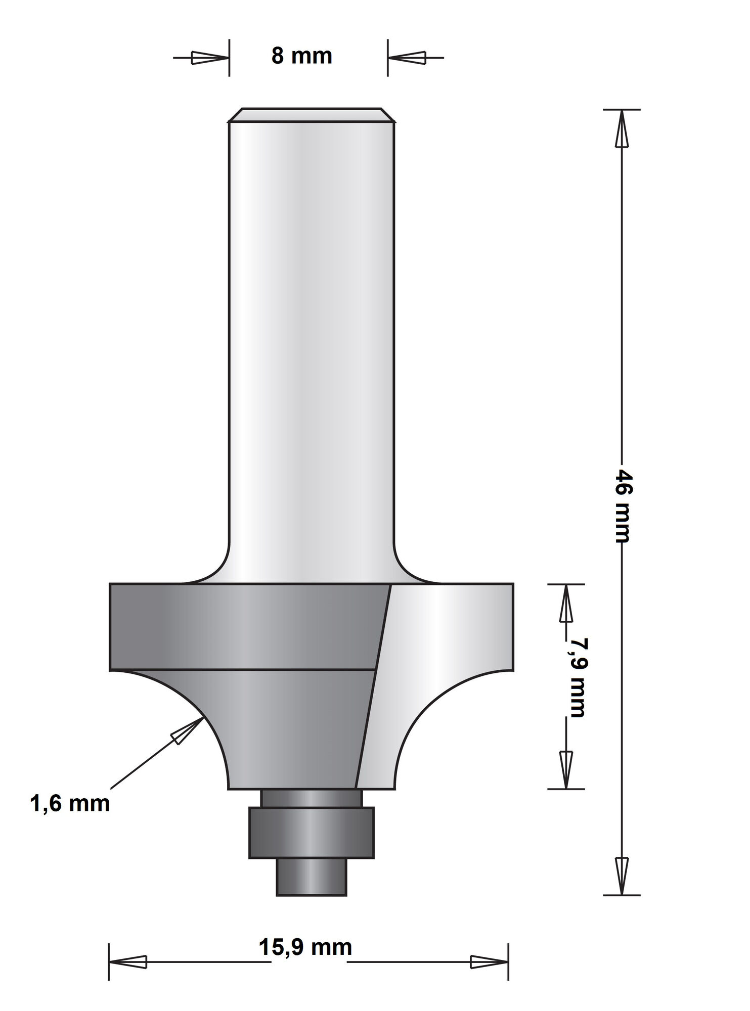 8 MM AFRONDFREES MET ONDERLAGER 15.9X46X1.6