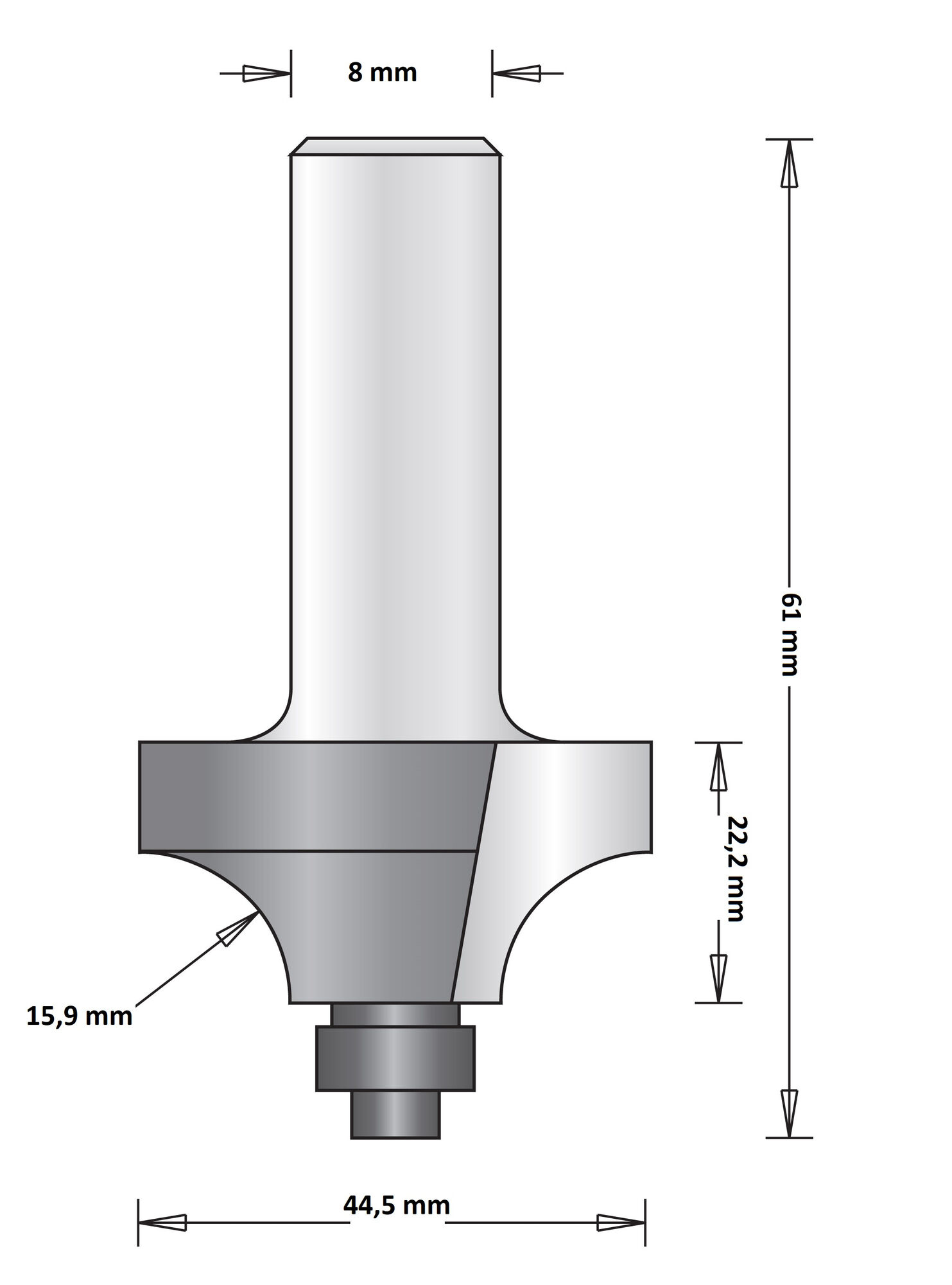 8 MM AFRONDFREES MET ONDERLAGER 44.5X61X15.9