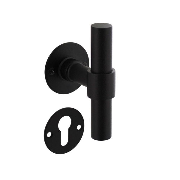 Deurkruk L/T recht met rozet ø50x2mm en cilinderrozetten structuur zwart