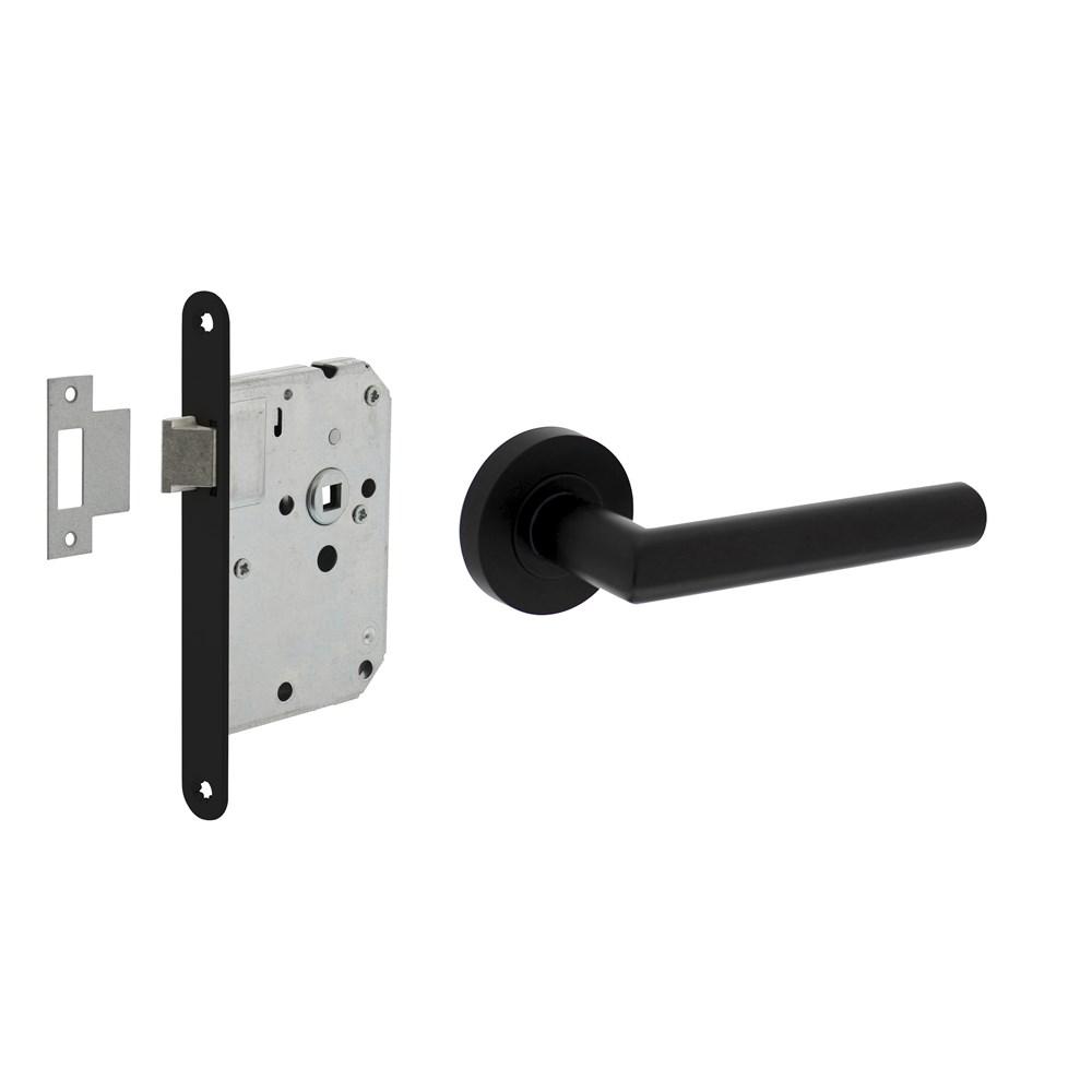Set loopslot zwart met deurkruk Bastian op rozet ø52x10mm zwart