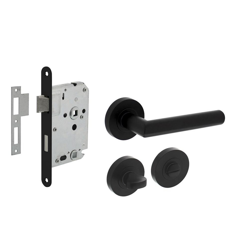 Set toiletslot 63/8mm zwart met deurkruk Bastian op rozet ø52x10mm en WC-sluiting zwart