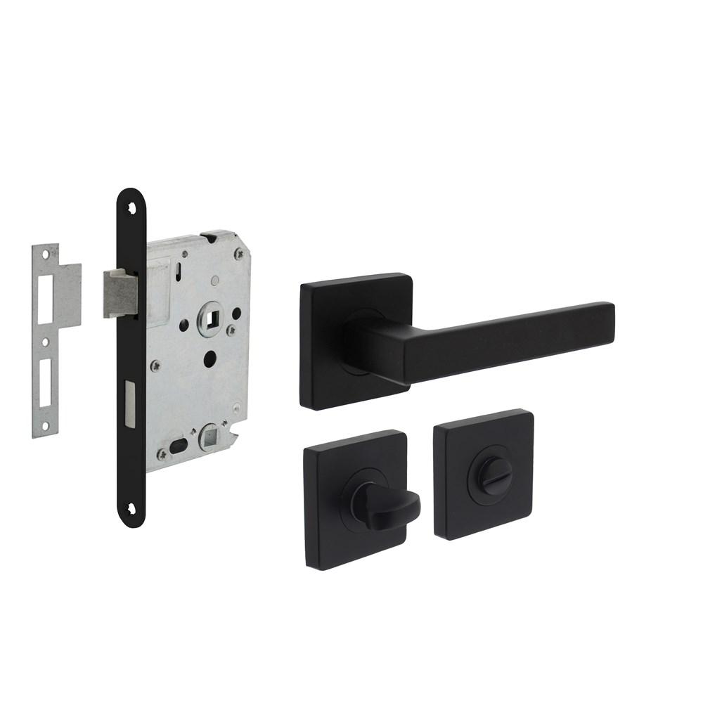 Set toiletslot 63/8 zwart met deurkruk Hera op rozet 55x55mm en WC-sluiting zwart