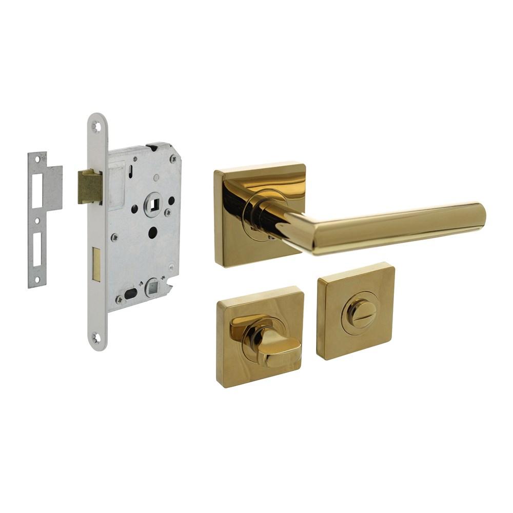 Set toiletslot 63/8mm wit met deurkruk Bastian op rozet 55x55mm en WC-sluiting PVD messingkleur