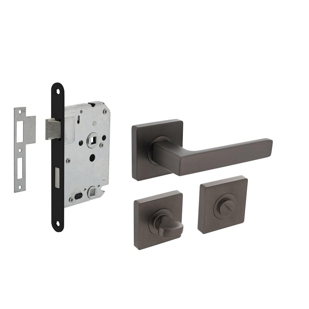 Set toiletslot 63/8mm zwart met deurkruk Hera op rozet 55x55mm en WC-sluiting antraciet grijs