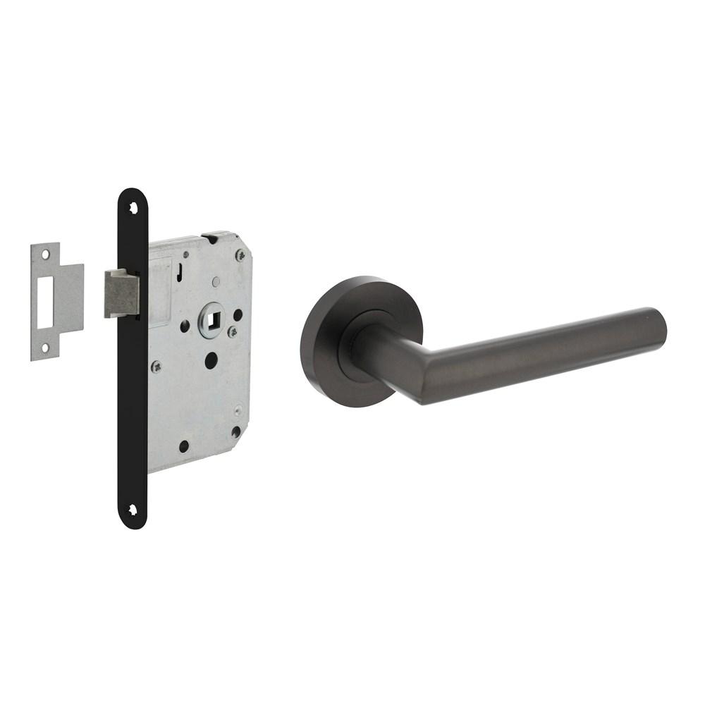 Set loopslot zwart met deurkruk Bastian op rozet ø52x10mm antraciet grijs