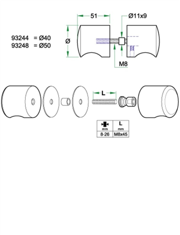 Knoppaar glasdeur STAR ø40mm rvs mat